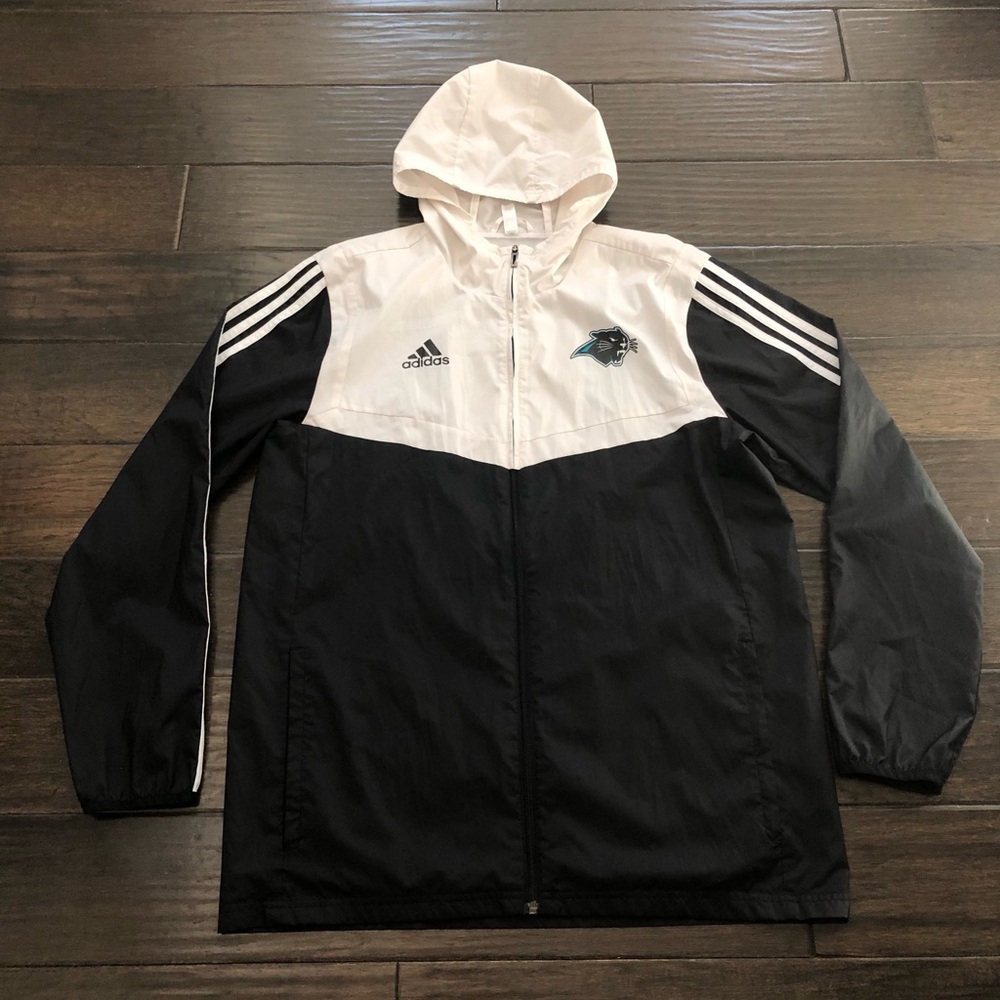 Adidas Windbreakers Jacket Mens M Carolina Panthers Logo NFL Black White Hoodie
